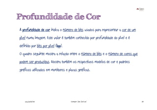 Profundidade de Cor
A profundidade de cor indica o número de bits usados para representar a cor de um
píxel numa imagem. Este valor é também conhecido por profundidade do píxel e é
definido por bits por píxel (bpp).
O quadro seguinte mostra a relação entre o número de bits e o número de cores que
podem ser produzidas. Mostra também os respectivos modelos de cor e padrões
gráficos utilizados em monitores e placas gráficas.




    www.joaoleal.net                 Formador: João José Leal                       33
 