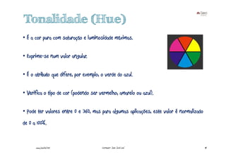Tonalidade (Hue)
• É a cor pura com saturação e luminosidade máximas.

• Exprime-se num valor angular.

• É o atributo que difere, por exemplo, o verde do azul.

• Verifica o tipo de cor (podendo ser vermelho, amarelo ou azul).

• Pode ter valores entre 0 e 360, mas para algumas aplicações, este valor é normalizado
de 0 a 100%.


      www.joaoleal.net                  Formador: João José Leal                          44
 