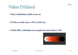 Valor (Value)
• Traduz a luminosidade ou brilho de uma cor.


• 0% indica cor muito escura e 100% cor muito clara.


• O brilho define a luminosidade da cor, podendo ter valores entre 0 e 100%.




    www.joaoleal.net                 Formador: João José Leal                  46
 