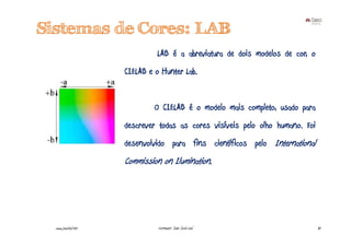 Sistemas de Cores: LAB
                              LAB é a abreviatura de dois modelos de cor, o
                     CIELAB e o Hunter Lab.


                              O CIELAB é o modelo mais completo, usado para
                     descrever todas as cores visíveis pelo olho humano. Foi
                     desenvolvido para fins científicos pelo International
                     Commission on Ilumination.




  www.joaoleal.net             Formador: João José Leal                        47
 