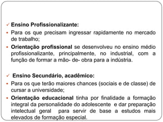  Ensino Profissionalizante:
 Para os que precisam ingressar rapidamente no mercado
de trabalho;
 Orientação profissional se desenvolveu no ensino médio
profissionalizante, principalmente, no industrial, com a
função de formar a mão- de- obra para a indústria.
 Ensino Secundário, acadêmico:
 Para os que terão maiores chances (sociais e de classe) de
cursar a universidade;
 Orientação educacional tinha por finalidade a formação
integral da personalidade do adolescente e dar preparação
intelectual geral para servir de base a estudos mais
elevados de formação especial.
 