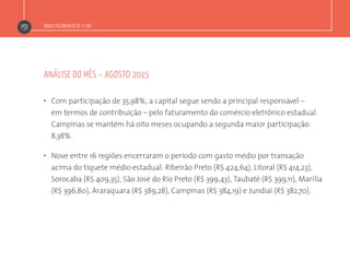 Índice Fecomercio-SP / E-bit
análise do mês – agosto 2015
”  Com participação de 35,98%, a capital segue sendo a principal responsável –
em termos de contribuição – pelo faturamento do comércio eletrônico estadual.
Campinas se mantém há oito meses ocupando a segunda maior participação:
8,38%.
”  Nove entre 16 regiões encerraram o período com gasto médio por transação
acima do tíquete médio estadual: Ribeirão Preto (R$ 424,64), Litoral (R$ 414,23),
Sorocaba (R$ 409,35), São José do Rio Preto (R$ 399,43), Taubaté (R$ 399,11), Marília
(R$ 396,80), Araraquara (R$ 389,28), Campinas (R$ 384,19) e Jundiaí (R$ 382,70).
 