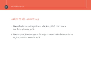 Índice Fecomercio-SP / E-bit
análise do mês – agosto 2015
”  Na avaliação mensal (agosto em relação a julho), observou-se
um decréscimo de 4,4%.
”  Na comparação entre agosto de 2015 e o mesmo mês do ano anterior,
registrou-se um recuo de 10,1%.
 