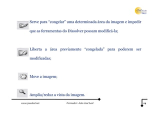 Serve para “congelar” uma determinada área da imagem e impedir

       que as ferramentas do Dissolver possam modificá-la;



       Liberta a área previamente “congelada” para poderem ser

       modificadas;



       Move a imagem;



       Amplia/reduz a vista da imagem.

www.joaoleal.net            Formador: João José Leal                    14
 