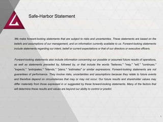 Safe-Harbor Statement
We make forward-looking statements that are subject to risks and uncertainties. These statements are based on the
beliefs and assumptions of our management, and on information currently available to us. Forward-looking statements
include statements regarding our intent, belief or current expectations or that of our directors or executive officers.
Forward-looking statements also include information concerning our possible or assumed future results of operations,
as well as statements preceded by, followed by, or that include the words ''believes,'' ''may,'' ''will,'' ''continues,''
''expects,'‘ ''anticipates,'' ''intends,'' ''plans,'' ''estimates'' or similar expressions. Forward-looking statements are not
guarantees of performance. They involve risks, uncertainties and assumptions because they relate to future events
and therefore depend on circumstances that may or may not occur. Our future results and shareholder values may
differ materially from those expressed in or suggested by these forward-looking statements. Many of the factors that
will determine these results and values are beyond our ability to control or predict.
1
 
