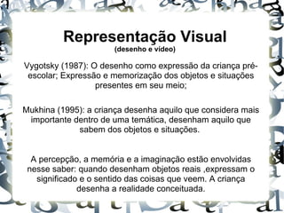 Representação Visual
                      (desenho e vídeo)

Vygotsky (1987): O desenho como expressão da criança pré-
 escolar; Expressão e memorização dos objetos e situações
                  presentes em seu meio;

Mukhina (1995): a criança desenha aquilo que considera mais
 importante dentro de uma temática, desenham aquilo que
             sabem dos objetos e situações.


  A percepção, a memória e a imaginação estão envolvidas
 nesse saber: quando desenham objetos reais ,expressam o
   significado e o sentido das coisas que veem. A criança
              desenha a realidade conceituada.
 