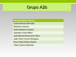 Grupo A2bGrupo A2b
Fernanda Rios Valvano
Gabriel Moreira Minchillo
Gabriela Lorencini
Giulia Medeiros Guidoni
Jaqueline Vieira Milani
João Marcel Sanseverino Silva
João Victor Fornari Rodrigues
Kaue Felipe Molina Santos
Tales Ferreira Machado
 