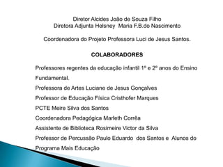Diretor Alcides João de Souza Filho
       Diretora Adjunta Helsney Maria F.B.do Nascimento

   Coordenadora do Projeto Professora Luci de Jesus Santos.

                      COLABORADORES

Professores regentes da educação infantil 1º e 2º anos do Ensino
Fundamental.
Professora de Artes Luciane de Jesus Gonçalves
Professor de Educação Física Cristhofer Marques
PCTE Meire Silva dos Santos
Coordenadora Pedagógica Marleth Corrêa
Assistente de Biblioteca Rosimeire Victor da Silva
Professor de Percussão Paulo Eduardo dos Santos e Alunos do
Programa Mais Educação
 