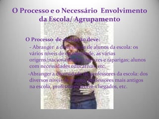 O Processo e o Necessário  Envolvimento da Escola/ Agrupamento O Processo  de avaliação deve:   - Abranger  a diversidade de alunos da escola: os vários níveis de escolaridade, as várias origens/nacionalidades; rapazes e raparigas; alunos com necessidades educativas, etc.   -Abranger a diversidade de professores da escola: dos diversos níveis de ensino, professores mais antigos na escola, professores recém-chegados, etc. 