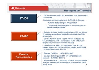 Destaques do Trimestre

               • EBITDA Ajustado de R$ 582,4 milhões e lucro líquido de R$
               25,1 milhões
  1Tri06       •Adequação ao novo regulamento do Nível 2 da Bovespa
                    • Aumento do tag along de 70% para 80%
                    • Conselho de administração com no mínimo 20% de
                    membros independentes

               • Redução da dívida líquida consolidada em 12% nos últimos
               12 meses e conclusão da liquidação antecipada da dívida
   2Tri06      renegociada
               • EBITDA Ajustado de R$ 1.253,6 milhões no 1S06 e R$
               671,2 milhões no 2T06 - aumentos de 15,7% e 15,3% em
               relação aos períodos equivalentes de 2005
               • Lucro líquido de R$ R$ 227 milhões no 1S06 (R$ 107
               milhões superior ao 1S05) e R$ 201,9 milhões no 2T06 (R$
               176,8 milhões superior ao 1T06)

               • Reajuste Tarifário – 11,45% (4/07/2006)
  Eventos
               • Elevação do Rating pela S&P em 7/07/2006 (escala
Subseqüentes   nacional - de “BBB”a “BBB+”)
               • Aprovada em AGE (11/07/2006) a criação da nova classe B
               de ações preferenciais da Eletropaulo, que oferecerá 100%
               de tag along                                              4
 