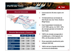 Perfil da Tietê

                  Área de Concessão
                                                        Concessão de 30 anos expira em
                                                        2029

                                                        10 hidroelétricas no Estado de
                                                        São Paulo nos rios Tietê, Pardo e
                                                        Mogi Guaçu

                                                        Com Capacidade Instalada de
                                             Oceano     2.651 MW, gerou, no 1S07, 18%
                                            Atlântico
                                                        da energia gerada no Estado de
                                                        São Paulo
   Resumo Operacional e Financeiro
                                                        100% da energia assegurada é
R$ milhões                2005     2006      1S07
                                                        vendida para a Eletropaulo via
Energia Gerada (GWh)      12.852   12.475    7.091      PPA, até Dezembro de 2015

Receita Líquida            1.220    1.387      740
                                                        Preço ajustado anualmente pela
EBITDA                      939     1.097      520      inflação (IGP-M)

Margem EBITDA              77,0%    79,1%    70,2%      100% do lucro líquido distribuído
Lucro Líquido               556      614       303      na forma de dividendos
                                                                                            25
 