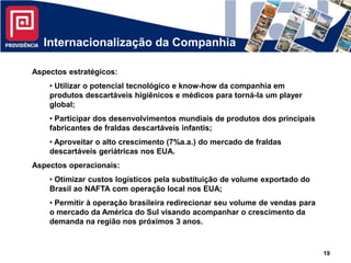 Internacionalização da Companhia

Aspectos estratégicos:
    • Utilizar o potencial tecnológico e know-how da companhia em
    produtos descartáveis higiênicos e médicos para torná-la um player
    global;
    • Participar dos desenvolvimentos mundiais de produtos dos principais
    fabricantes de fraldas descartáveis infantis;
    • Aproveitar o alto crescimento (7%a.a.) do mercado de fraldas
    descartáveis geriátricas nos EUA.
Aspectos operacionais:
    • Otimizar custos logísticos pela substituição de volume exportado do
    Brasil ao NAFTA com operação local nos EUA;
    • Permitir à operação brasileira redirecionar seu volume de vendas para
    o mercado da América do Sul visando acompanhar o crescimento da
    demanda na região nos próximos 3 anos.



                                                                              19
 