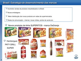 Brasil: Estratégia de desenvolvimento das marcas

        Aumentar vendas de produtos industrializados no Brasil

        Novas embalagens

        Maior distribuição dos novos produtos em redes de supermercados

        Redes de comunicação – internet, novas mídias, pontos de venda etc.


        Novos produtos da linha SUPERITOS - marca DaGranja




       Hambúrguer
     PATY GRILL
       SUPER




6
 