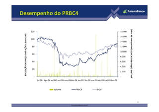 Desempenho do PRBC4




                                                                                 VOLUME DIÁRIO NEGOCIADO (em milhares de reais)
                                          120                           18.000
 EVOLUÇÃO DO PREÇO DAS AÇÕES (base 100)



                                                                        16.000
                                          100
                                                                        14.000

                                          80                            12.000

                                                                        10.000
                                          60
                                                                        8.000

                                          40                            6.000

                                                                        4.000
                                          20
                                                                        2.000

                                            -                           -




                                                Volume   PRBC4   IBOV




                                                                                                                                  15
 
