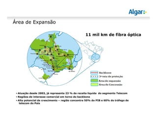 11 mil km de fibra óptica
Área de Expansão
▪ Atuação desde 2003, já representa 23 % da receita líquida do segmento Telecom
▪ Regiões de interesse comercial em torno do backbone
▪ Alto potencial de crescimento – região concentra 50% do PIB e 60% do tráfego de
telecom do País
 