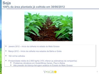 Soja
100% da área plantada já colhida em 30/06/2012




     Janeiro 2012 – Início da colheita no estado do Mato Grosso

     Março 2012 – Início da colheita nos estados da Bahia e Goiás

     162 mil há colhidos

     Produtividade média de 2.850 kg/há (10% inferior as estimativas da companhia)
         Problemas climáticos em Goiás/Minas Gerais, Piauí e Bahia
         Alta pressão da doença ferrugem asiática no Estado do Mato Grosso

                                                                                      7
 