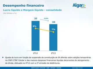 37
33
8%
7%
2T12 2T13
Lucro líquido e Margem líquida - consolidado
(R$ Milhões e %)
Desempenho financeiro
Queda do lucro em função da suspensão da constituição de IR diferido sobre adições temporárias
no CNPJ CTBC Celular e das maiores despesas financeiras líquidas decorrentes do alongamento
da dívida, efetuado no 4T12 com a 2ª emissão de debêntures.
-9,5%
 