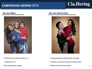 5
CAMPANHAS HERING 2T13
Dia dos NamoradosDia das Mães
 Performance positiva de SSS na 1ª
metade do 2T13
 Boa aceitação da coleção
 Desaceleração do SSS pós Dia das Mães
 Impacto do cenário econômico-social incerto
 Menor fluxo de consumidores
 