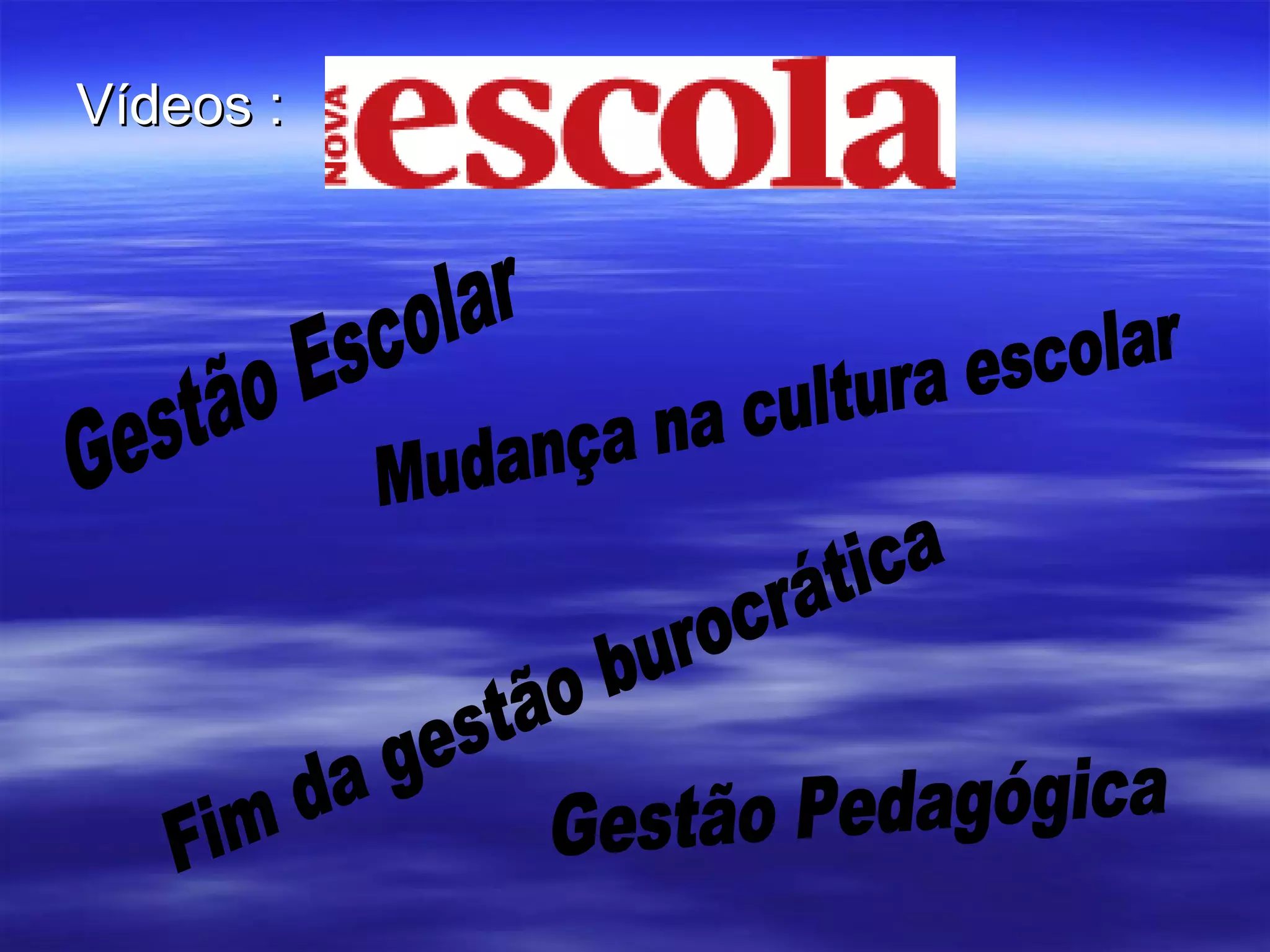 Vídeos : Gestão Escolar Gestão Pedagógica Mudança na cultura escolar Fim da gestão burocrática 
