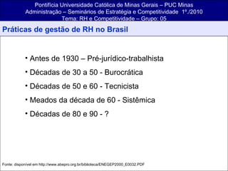 Pontifícia Universidade Católica de Minas Gerais – PUC Minas Administração – Seminários de Estratégia e Competitividade  1º./2010 Tema: RH e Competitividade – Grupo: 05 Antes de 1930 – Pré-jurídico-trabalhista Décadas de 30 a 50 - Burocrática Décadas de 50 e 60 - Tecnicista Meados da década de 60 - Sistêmica Décadas de 80 e 90 - ? Fonte: disponível em http://www.abepro.org.br/biblioteca/ENEGEP2000_E0032.PDF Práticas de gestão de RH no Brasil 