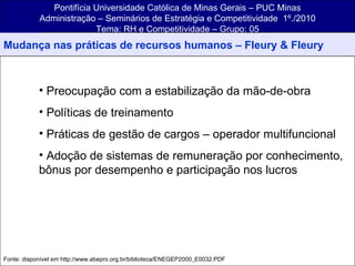 Pontifícia Universidade Católica de Minas Gerais – PUC Minas Administração – Seminários de Estratégia e Competitividade  1º./2010 Tema: RH e Competitividade – Grupo: 05 Preocupação com a estabilização da mão-de-obra Políticas de treinamento Práticas de gestão de cargos – operador multifuncional Adoção de sistemas de remuneração por conhecimento, bônus por desempenho e participação nos lucros Fonte: disponível em http://www.abepro.org.br/biblioteca/ENEGEP2000_E0032.PDF Mudança nas práticas de recursos humanos – Fleury & Fleury 