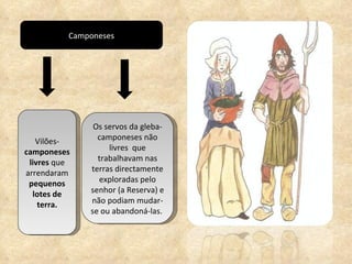 Camponeses Vilões-  camponeses livres  que arrendaram  pequenos lotes de terra. Os servos da gleba- camponeses não livres  que trabalhavam nas terras directamente exploradas pelo senhor (a Reserva) e não podiam mudar-se ou abandoná-las.  
