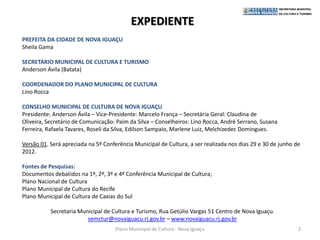 EXPEDIENTE
PREFEITA DA CIDADE DE NOVA IGUAÇU
Sheila Gama

SECRETÁRIO MUNICIPAL DE CULTURA E TURISMO
Anderson Ávila (Batata)

COORDENADOR DO PLANO MUNICIPAL DE CULTURA
Lino Rocca

CONSELHO MUNICIPAL DE CULTURA DE NOVA IGUAÇU
Presidente: Anderson Ávila – Vice-Presidente: Marcelo França – Secretária Geral: Claudina de
Oliveira, Secretário de Comunicação: Paim da Silva – Conselheiros: Lino Rocca, André Serrano, Susana
Ferreira, Rafaela Tavares, Roseli da Silva, Edilson Sampaio, Marlene Luiz, Melchizedec Domingues.

Versão 01. Será apreciada na 5º Conferência Municipal de Cultura, a ser realizada nos dias 29 e 30 de junho de
2012.

Fontes de Pesquisas:
Documentos debatidos na 1º, 2º, 3º e 4º Conferência Municipal de Cultura;
Plano Nacional de Cultura
Plano Municipal de Cultura do Recife
Plano Municipal de Cultura de Caxias do Sul

           Secretaria Municipal de Cultura e Turismo, Rua Getúlio Vargas 51 Centro de Nova Iguaçu.
                         semctur@novaiguacu.rj.gov.br – www.novaiguacu.rj.gov.br
                                    Plano Municipal de Cultura - Nova Iguaçu                                 2
 