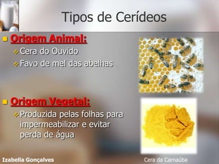 Tipos de Cerídeos
   Origem Animal:
     Cera do Ouvido
     Favo de mel das abelhas




   Origem Vegetal:
     Produzida pelas folhas para
      impermeabilizar e evitar
      perda de água

Izabella Gonçalves                  Cera da Carnaúba
 
