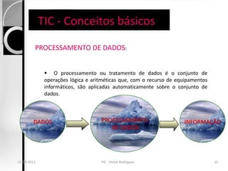 TIC - Conceitos básicos
           PROCESSAMENTO DE DADOS:


                 O processamento ou tratamento de dados é o conjunto de
                operações lógica e aritméticas que, com o recurso de equipamentos
                informáticos, são aplicadas automaticamente sobre o conjunto de
                dados.



          DADOS                        PROCESSAMENTO                   INFORMAÇÃO
                                          DE DADOS




  15-04-2013
15-04-2013                             TIC - Victor Rodrigues
                                     TIC - Victor Rodrigues                         1515
 