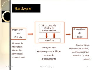 Hardware


                                CPU - Unidade
                                   Central de
        Dispositivos                                      Dispositivos
                               Processamento
               de                                               de
             Entrada                                          Saída
                                    Memórias
        Os dados são
                                                             Os novos dados,
        introduzidos           Em seguida são         depois de processados,
        através dos
                           enviados para a unidade      são enviados para os
        periféricos de
                                   central de            periféricos de saída
        entrada (input).
                               processamento                          (output).


15-04-2013                   TIC - Victor Rodrigues                       36
 