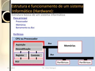 Estrutura e funcionamento de um sistema
       Informático (Hardware):
       Estrutura básica de um sistema informático
          Placa principal
             Processador
             Memórias
             Barramento ou Bus

          Periféricos
               CPU ou Processador
                                                      Bus
               Aquisição                                                    Memórias
               Descodificação

               Registos         Controlo                  Bus

               ALU                                                    Periféricos      Periféricos
15-04-2013
  15-04-2013                               TIC - Victor Rodrigues
                                             TIC - Victor Rodrigues                            3838
 