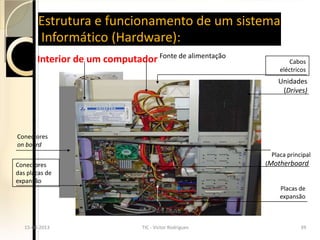 Estrutura e funcionamento de um sistema
        Informático (Hardware):
        Interior de um computador Fonte de alimentação              Cabos
                                                                eléctricos
                                                               Unidades
                                                                (Drives)




Conectores
on board
                                                             Placa principal
Conectores                                                 (Motherboard)
das placas de
expansão
                                                                Placas de
                                                                expansão



   15-04-2013                     TIC - Victor Rodrigues                39
 15-04-2013                     TIC - Victor Rodrigues                39
 
