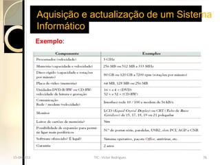 Aquisição e actualização de um Sistema
             Informático
             Exemplo:




15-04-2013               TIC - Victor Rodrigues   76
 