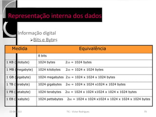 Representação interna dos dados

       Informação digital
              Bits e Bytes

    Medida                                      Equivalência
                  8 bits

1 KB (kilobyte)   1024 bytes        210 = 1024 bytes

1 MB (megabyte)   1024 kilobytes    220 = 1024 x 1024 bytes

1 GB (gigabyte)   1024 megabytes 230 = 1024 x 1024 x 1024 bytes

1 TB (terabyte)   1024 gigabytes    240 = 1024 x 1024 x1024 x 1024 bytes

1 PB (petabyte)   1024 terabytes    250 = 1024 x 1024 x1024 x 1024 x 1024 bytes

1 EB (Exabyte)    1024 pettabytes    260 = 1024 x 1024 x1024 x 1024 x 1024 x 1024 bytes



  15-04-2013                        TIC - Victor Rodrigues                         79
 