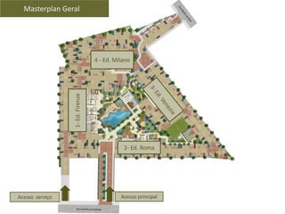 4 - Ed. Milano
1-Ed.Firenze
2- Ed. Roma
Masterplan Geral
Acesso principalAcesso serviço
 