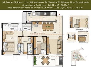 Ed. Firenze, Ed. Roma - 1º ao 14º pavimento . Ed. Venezia e Ed. Milano – 1º ao 15º pavimento
Área privativa Ed. Firenze – Col. 02 e 07 – 82,69m²
Área privativa Ed. Roma, Ed. Venezia e Ed. Milano - Col. 02, 03, 06 e 07 – 82,75m²
 