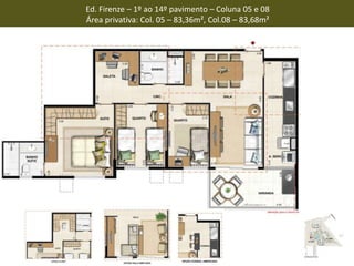 Ed. Firenze – 1º ao 14º pavimento – Coluna 05 e 08
Área privativa: Col. 05 – 83,36m², Col.08 – 83,68m²
 