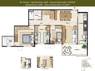 Ed. Firenze – Apartamentos 1505 – Área privativa total: 170,93m²
Apartamentos 1508 - Área privativa total: 171,56m²
 