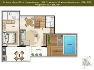 Ed. Roma - Dependência dos apartamentos 1501. Ed. Venezia e Ed. Milano - Apartamentos 1601 e 1604
Área privativa total: 138,73m²
 