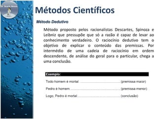 Métodos Científicos 
Método Dedutivo 
Método proposto pelos racionalistas Descartes, Spinoza e 
Leibniz que pressupõe que só a razão é capaz de levar ao 
conhecimento verdadeiro. O raciocínio dedutivo tem o 
objetivo de explicar o conteúdo das premissas. Por 
intermédio de uma cadeia de raciocínio em ordem 
descendente, de análise do geral para o particular, chega a 
uma conclusão. 
 