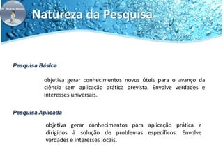 Natureza da Pesquisa 
Pesquisa Básica 
objetiva gerar conhecimentos novos úteis para o avanço da 
ciência sem aplicação prática prevista. Envolve verdades e 
interesses universais. 
Pesquisa Aplicada 
objetiva gerar conhecimentos para aplicação prática e 
dirigidos à solução de problemas específicos. Envolve 
verdades e interesses locais. 
 