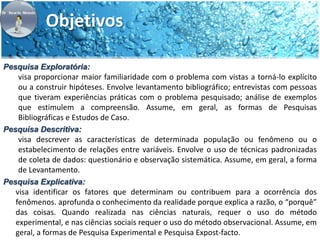 Objetivos 
Pesquisa Exploratória: 
visa proporcionar maior familiaridade com o problema com vistas a torná-lo explícito 
ou a construir hipóteses. Envolve levantamento bibliográfico; entrevistas com pessoas 
que tiveram experiências práticas com o problema pesquisado; análise de exemplos 
que estimulem a compreensão. Assume, em geral, as formas de Pesquisas 
Bibliográficas e Estudos de Caso. 
Pesquisa Descritiva: 
visa descrever as características de determinada população ou fenômeno ou o 
estabelecimento de relações entre variáveis. Envolve o uso de técnicas padronizadas 
de coleta de dados: questionário e observação sistemática. Assume, em geral, a forma 
de Levantamento. 
Pesquisa Explicativa: 
visa identificar os fatores que determinam ou contribuem para a ocorrência dos 
fenômenos. aprofunda o conhecimento da realidade porque explica a razão, o “porquê” 
das coisas. Quando realizada nas ciências naturais, requer o uso do método 
experimental, e nas ciências sociais requer o uso do método observacional. Assume, em 
geral, a formas de Pesquisa Experimental e Pesquisa Expost-facto. 
 