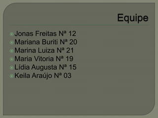 Jonas Freitas Nª 12
Mariana Buriti Nª 20
Marina Luiza Nª 21
Maria Vitoria Nª 19
Lídia Augusta Nª 15
Keila Araújo Nª 03
 
