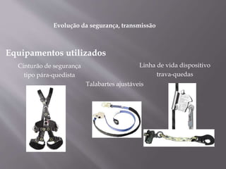 Equipamentos utilizados
Cinturão de segurança
tipo pára-quedista
Talabartes ajustáveis
Linha de vida dispositivo
trava-quedas
Evolução da segurança, transmissão
 