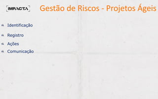 Gestão de Riscos - Projetos Ágeis
Identificação
Registro
Ações
Comunicação
 