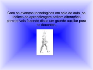 Com os avanços tecnológicos em sala de aula ,os
índices de aprendizagem sofrem alterações
perceptíveis fazendo disso um grande auxiliar para
os docentes.
 