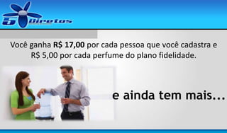 Você ganha R$ 17,00 por cada pessoa que você cadastra e
R$ 5,00 por cada perfume do plano fidelidade.

e ainda tem mais...

 