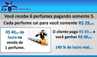 Você recebe 6 perfumes pagando somente 5.
Cada perfume sai para você somente R$ 29,16.
R$ 40,83 de
lucro na
venda de
1 perfume.

O cliente paga R$ 69,99 e
você ganhar R$ 40,83.
140 % de lucro real...

 