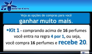 Veja as opções de compras para você

ganhar muito mais.
Kit 1 - comprando acima de 16 perfumes
você entra na regra 4 por 1, ou seja,
você compra 16 perfumes e recebe 20.

 