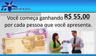 Você começa ganhando R$ 55,00
.................
por cada pessoa que você apresenta.

 